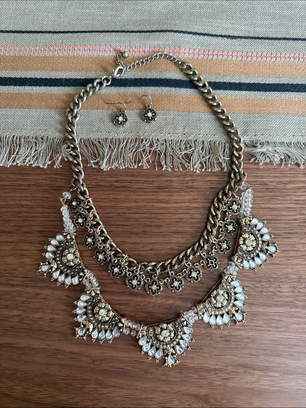 Gold and White Floral Statement Chunky Necklace and Earring Set - Jewelry